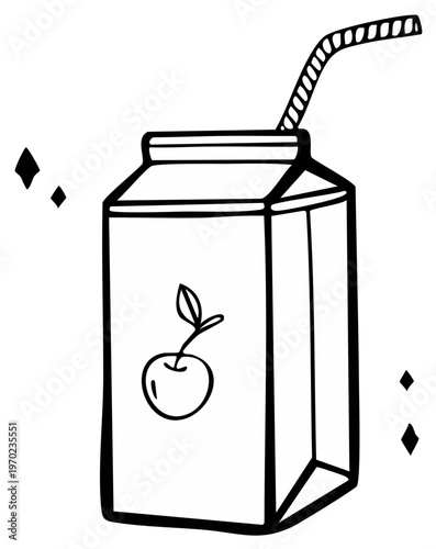 Hand drawn simple line art cartoon cherry juice carton with straw and sparkly accents