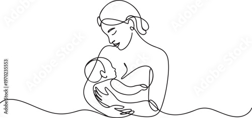 One continuous single drawing line art flat doodle mother breastfeeding baby, One Continuous Line Drawing of Happy Family Concept. one line Icon drawing