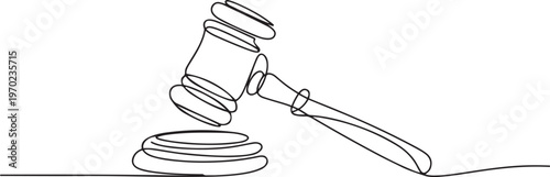 Judge hammer one continuous single line art drawing, One line drawing of judge hammer law symbol continuous. one line Icon drawing