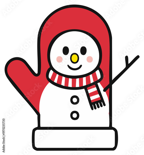 Cartoon mitten with snowman face and scarf winter illustration.