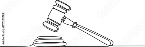 Judge hammer one continuous single line art drawing, One line drawing of judge hammer law symbol continuous. one line Icon drawing