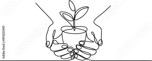 Continuous one line drawing palm hand holding together a green young plant, Hand holding plant's pot. one line Icon drawing