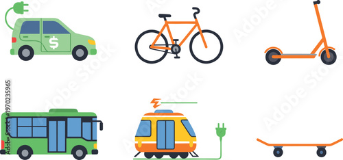 Eco friendly green transportation icon set featuring electric car bus train bicycle scooter and skateboard flat vector illustrations for sustainable urban city mobility