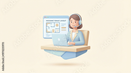 3D Wedding Planner Character Working on Venue Layout Design with Laptop and Headset
