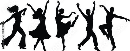Dancers silhouette vector set, group of people dancing ballet and ballroom dance, performance artists collection, musical entertainment, isolated on white, black, icon.