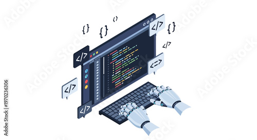 AI Robot Hands Typing on Keyboard and Programming on Screen Isometric Illustration. Concept of Automated Software Development and Artificial Intelligence Coding.