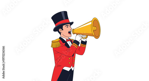 A ringmaster in a red uniform and top hat shouts into a large, golden megaphone, depicted in profile against a white background.