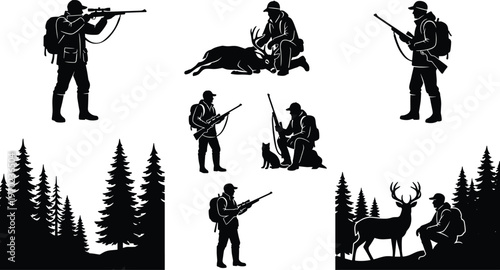 Hunter silhouette vector set, deer hunting in forest landscape collection, man with rifle and dog, outdoor adventure, wilderness nature, black, isolated.