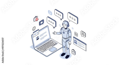 Isometric AI Robot Assistant and Chatbot Concept with Laptop and Communication Icons for Customer Support, Virtual Assistance, and Business Automation