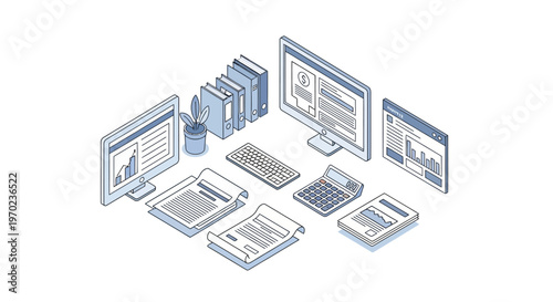 Isometric Business Workspace Illustration with Financial Data Charts, Accounting Reports, and Office Equipment
