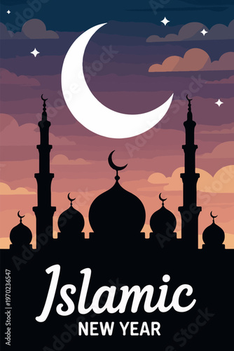 Islamic New Year crescent moon mosque silhouette vector poster