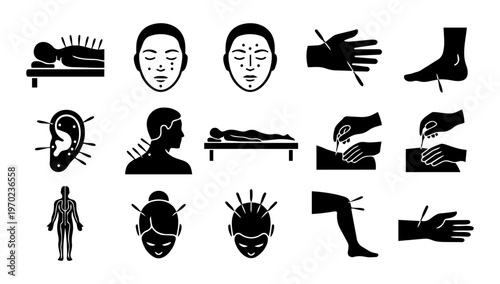 Acupuncture Therapy Silhouette Icon Set – Body Points, Treatment and Traditional Chinese Medicine