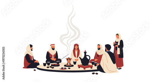 Seven people in traditional Middle Eastern clothing are gathered around a low table with coffee and dates on a white background.