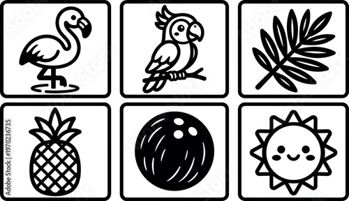 Black and white tropical icons flamingo parrot pineapple sun palm leaf coconut
