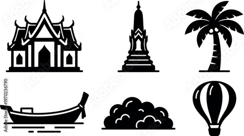 Silhouette icons of thai temple tower palm tree boat cloud and hot air balloon