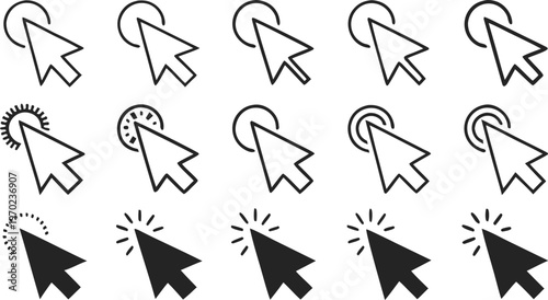 Set of cursor icons click and hand cursor icons click isolated on background. A clean minimalist black and white vector icon set featuring multiple computer mouse cursor symbols and hand click pointer