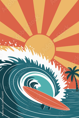 Orange surfboard in a crashing ocean wave under a sunburst