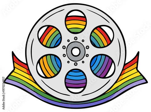 Rainbow Film Reel Emblem Representing LGBTQ+ Cinema and Inclusivity with Vibrant Pride Colors
