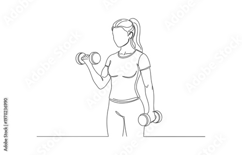 Single continuous line drawing a woman lifting dumbbells in each hand. Exercise to become stronger and healthier. Sweat and healthy. National Fitness Day