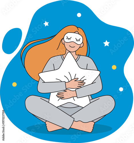Cute Woman In Pajamas Hugging Star Pillow Vector Illustration