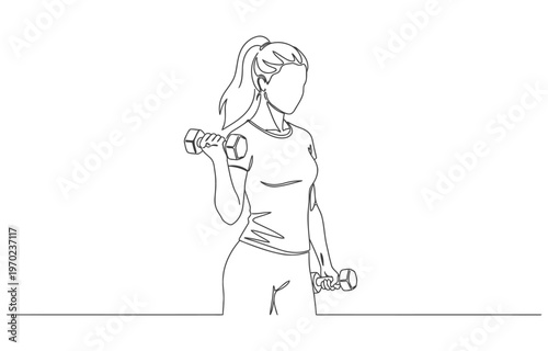 Single continuous line drawing a woman lifting dumbbells in each hand. Exercise to become stronger and healthier. Sweat and healthy. National Fitness Day