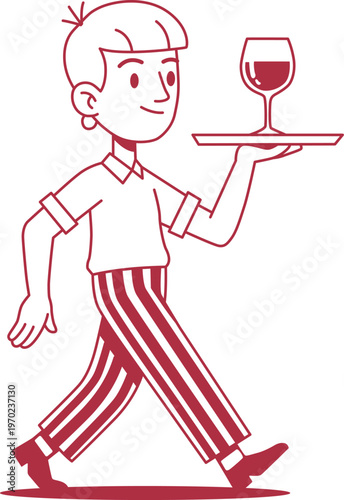 Retro Waiter Serving Wine Glass On Tray Vector Line Art Illustration