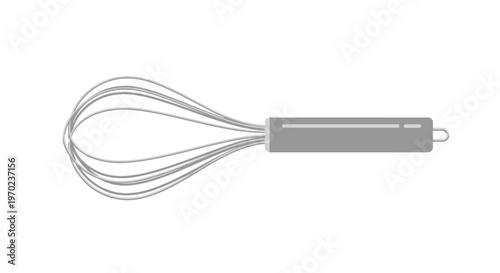A simple, two-dimensional illustration of a silver wire whisk with a grey handle is positioned horizontally on a white background.