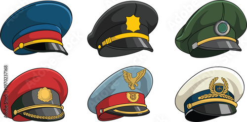 Military and police caps set, uniform hats vector illustration cartoon isolated authority costume design collection