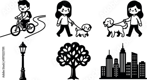 Kids walking dogs riding bike city tree and streetlight