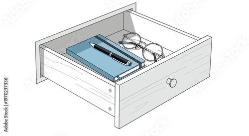 An open white wooden drawer with a circular knob contains a blue notebook, a black pen, and round-rimmed glasses.