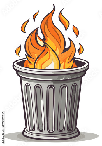 Cartoon Waste Bin Burning Fiercely with Bright Hot Orange Flames Illustration