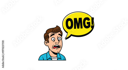 A man with wide eyes and an open mouth expresses shock with a yellow OMG! speech bubble.