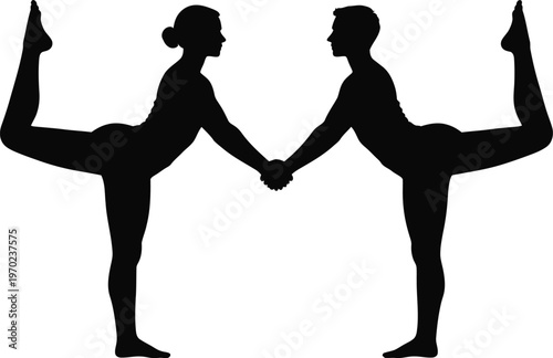 Partner Yoga Poses Silhouette Team Balance and Fitness Vector Art
