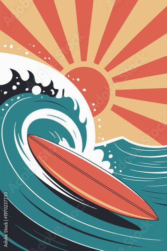 Red surfboard rides teal wave under sunburst ocean