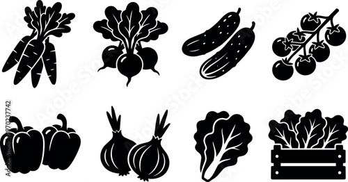 Black and white vegetable silhouettes carrot beet cucumber tomato bell pepper onion lettuce in crate