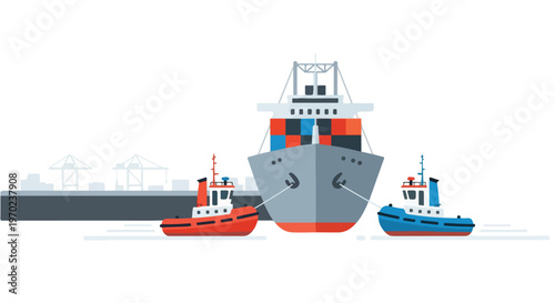 A flat vector image showing tugboats assisting a cargo ship near the dock, designed with simple geometric forms, a modern shipping logistics theme, and a white background.