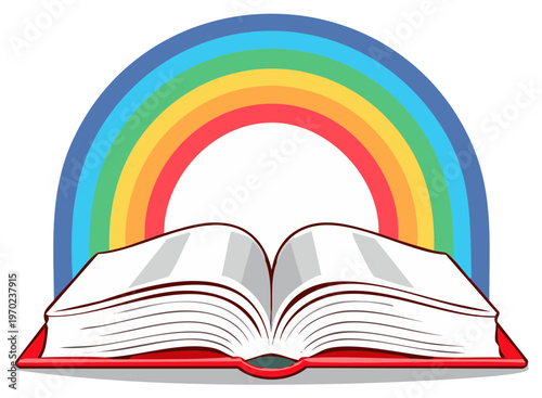 Cartoon illustration of a colorful rainbow arching over an open book with white pages, fantasy