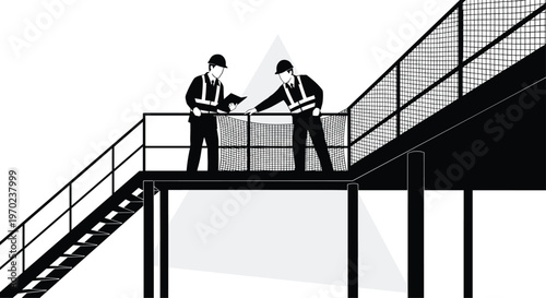 Two focused construction engineers wearing high-visibility safety vests and hard hats review technical blueprints while standing on a tall walkway.