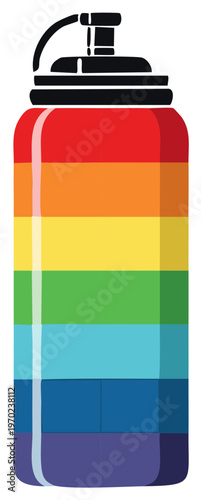 Rainbow colored water bottle with black sport cap and carrying loop