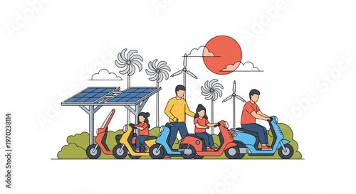 A happy family of four rides vibrant electric scooters along a path lined with solar panels and wind turbines under a warm and glowing orange sun.