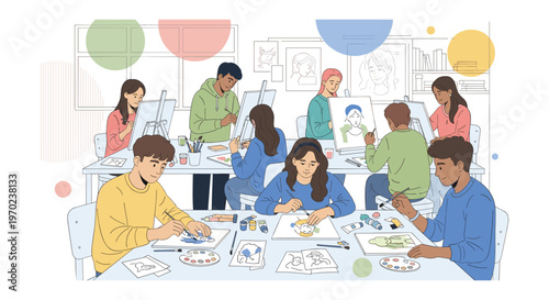 Diverse people painting ceramics in creative studio with colorful decorations in bright lighting for art class