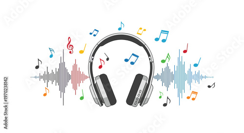 Detailed headphones with gray and black accents are surrounded by colorful musical notes and sound waves.