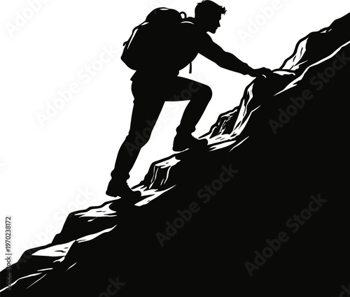 Mountain Climber with Backpack Climbing Steep Cliff Silhouette
