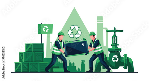 Two professional workers wearing green safety vests and hard hats carefully carry a large industrial battery in front of a prominent recycling symbol.