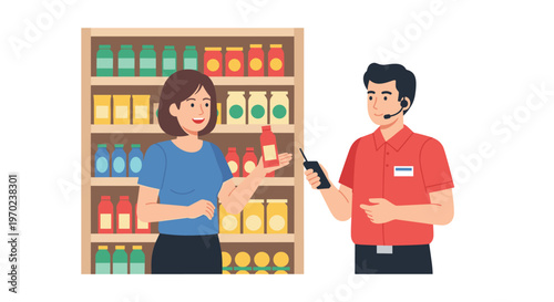 An illustrated female customer talks to a male store employee holding a device in a supermarket aisle with stocked shelves.