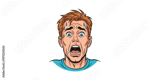 A pop art style illustration shows a frightened man's head with sweat on his forehead and his mouth open in a scream against a white background.