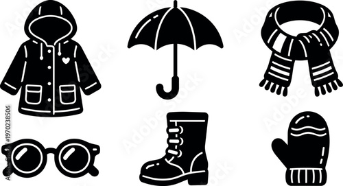 Black and white icons of winter coat umbrella scarf sunglasses boots and mitten