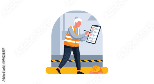A professional construction inspector wearing a bright orange safety vest carefully completes a checklist while standing inside a grey arched tunnel.