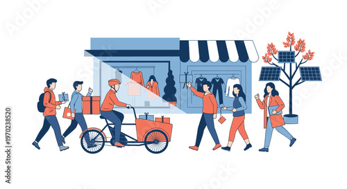 Diverse pedestrians walk past a modern clothing boutique while a delivery cyclist carries packages near a sustainable solar-powered tree in the city.