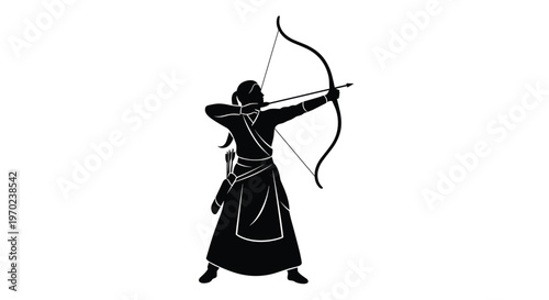 A black silhouette shows a female archer in traditional layered attire drawing a longbow with an arrow against a white background.